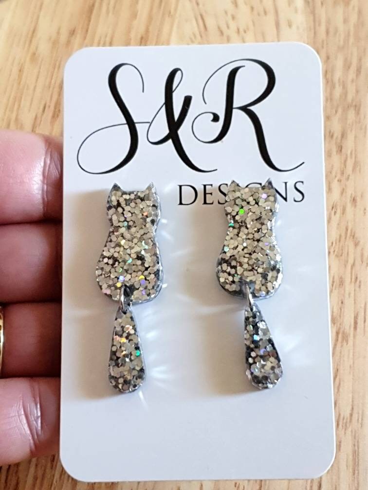 Silver Cat Stud Dangle Earrings, Cat with Moving Tail Long Earrings, Silver Holographic Glitter Resin Earrings, Stainless Steel.