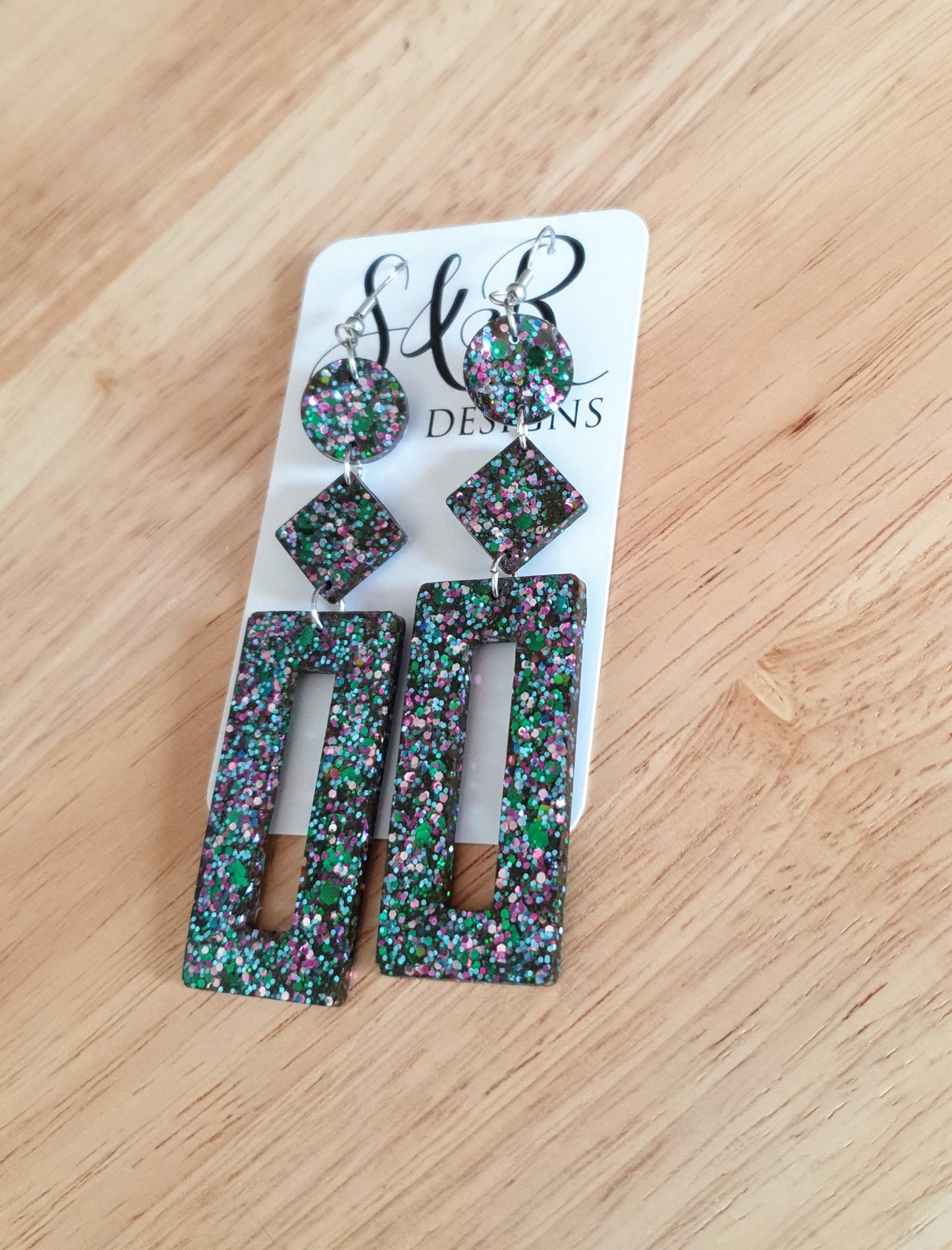 Multicoloured Rectangle Long Dangle Earrings, Statement Silver Blue Green Pink Glitter Handmade, Extra Long Dangle Earrings, 10.5cm Long