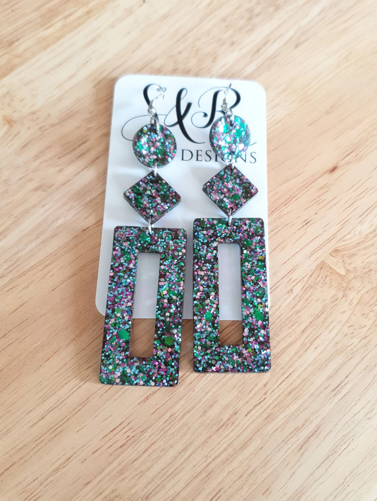 Multicoloured Rectangle Long Dangle Earrings, Statement Silver Blue Green Pink Glitter Handmade, Extra Long Dangle Earrings, 10.5cm Long