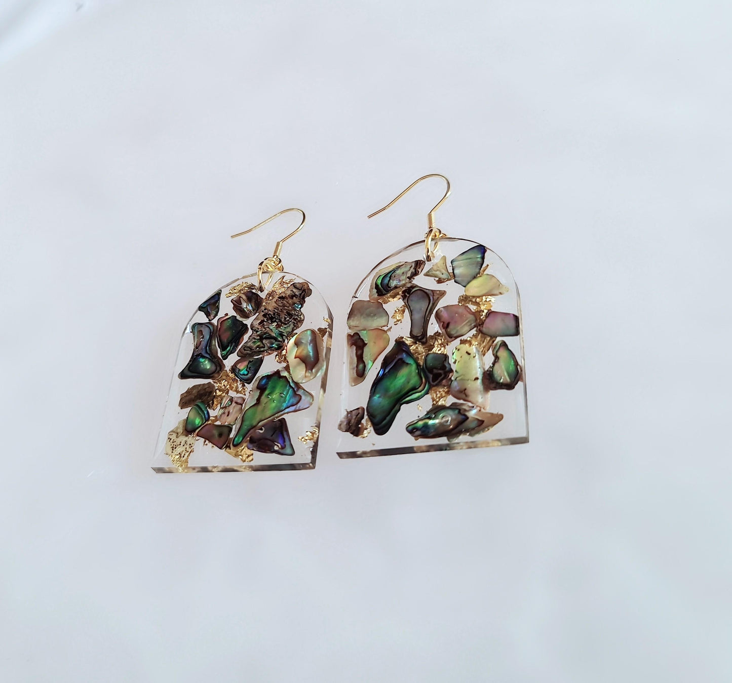 Natural Paua Shell Gold Leaf Drop Earrings, Glamour Glitter Arch Dangles, Handmade Resin, Statement Earring