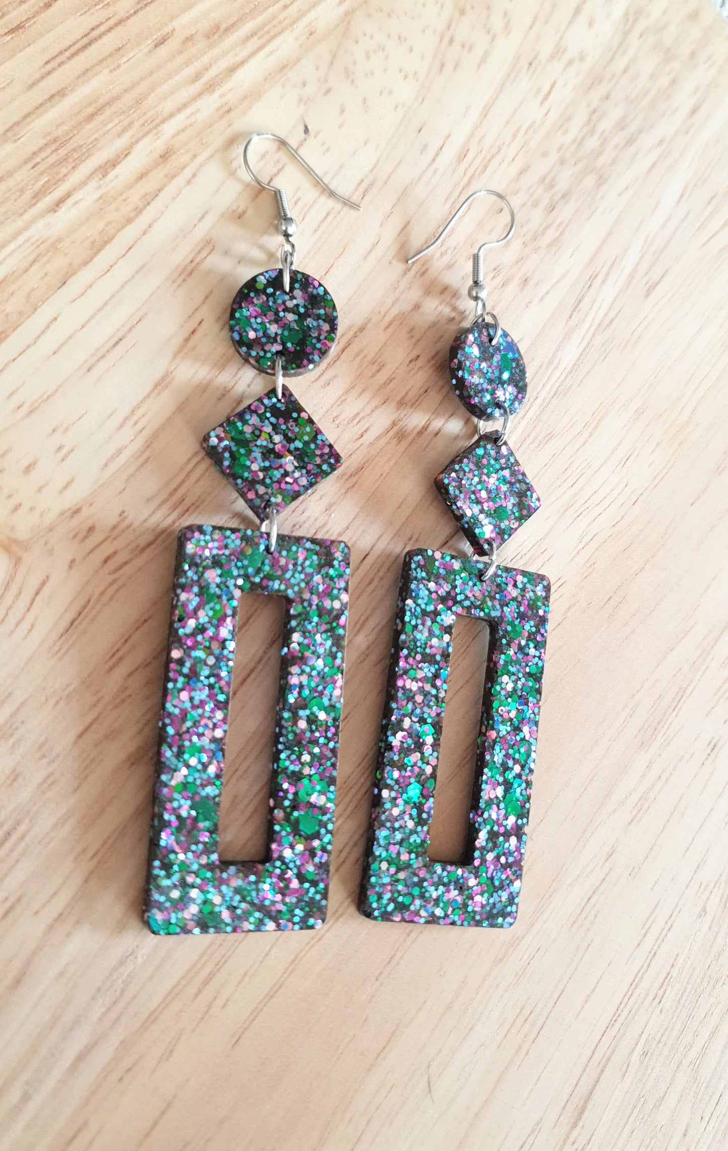 Multicoloured Rectangle Long Dangle Earrings, Statement Silver Blue Green Pink Glitter Handmade, Extra Long Dangle Earrings, 10.5cm Long