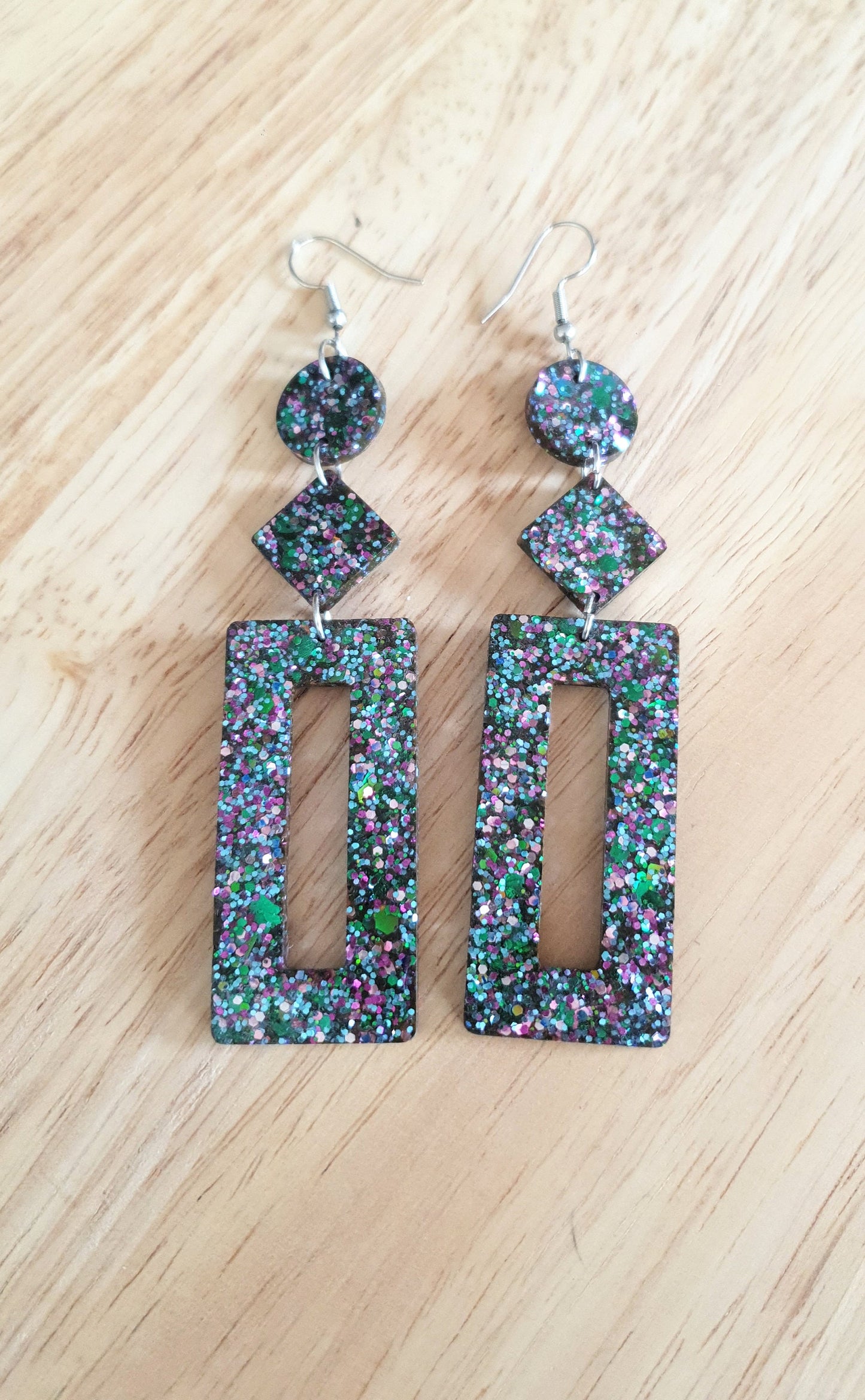 Multicoloured Rectangle Long Dangle Earrings, Statement Silver Blue Green Pink Glitter Handmade, Extra Long Dangle Earrings, 10.5cm Long