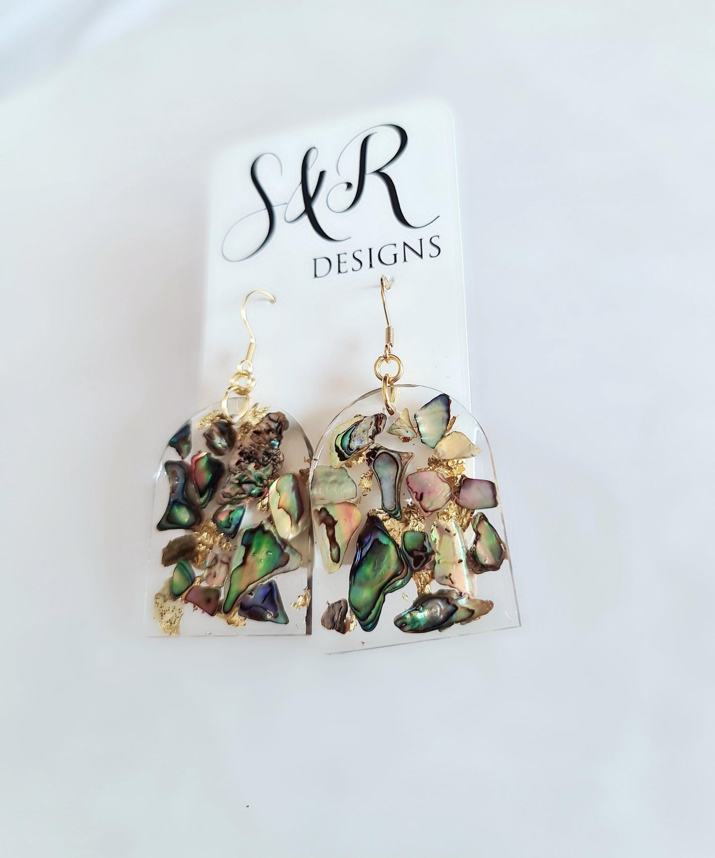 Natural Paua Shell Gold Leaf Drop Earrings, Glamour Glitter Arch Dangles, Handmade Resin, Statement Earring