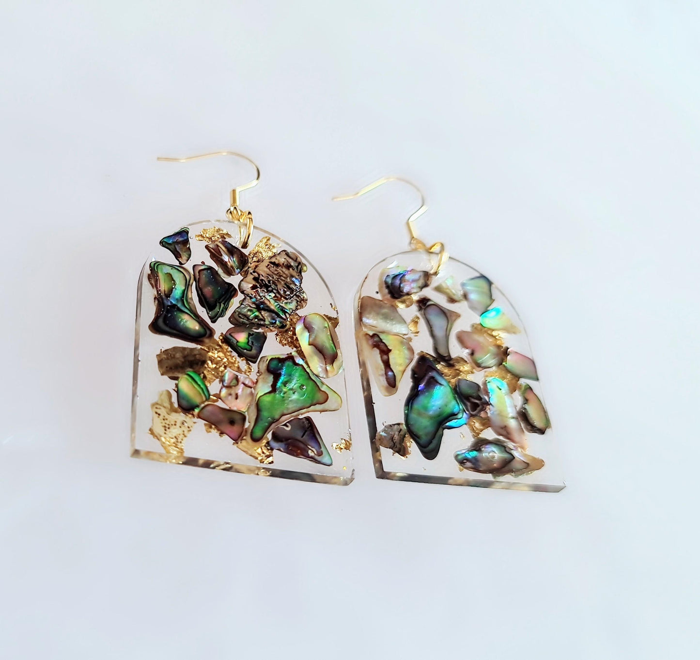 Natural Paua Shell Gold Leaf Drop Earrings, Glamour Glitter Arch Dangles, Handmade Resin, Statement Earring