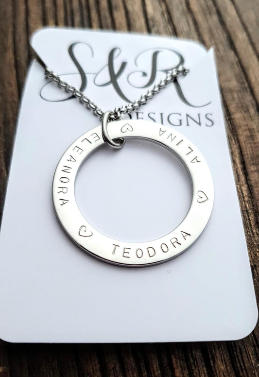 Personalised Circle Necklace, Hand Stamped Name Necklace, 38mm Pendant 2mm thick, Personalized Gift, Mothers Day, Birthday Gift, Custom Gift