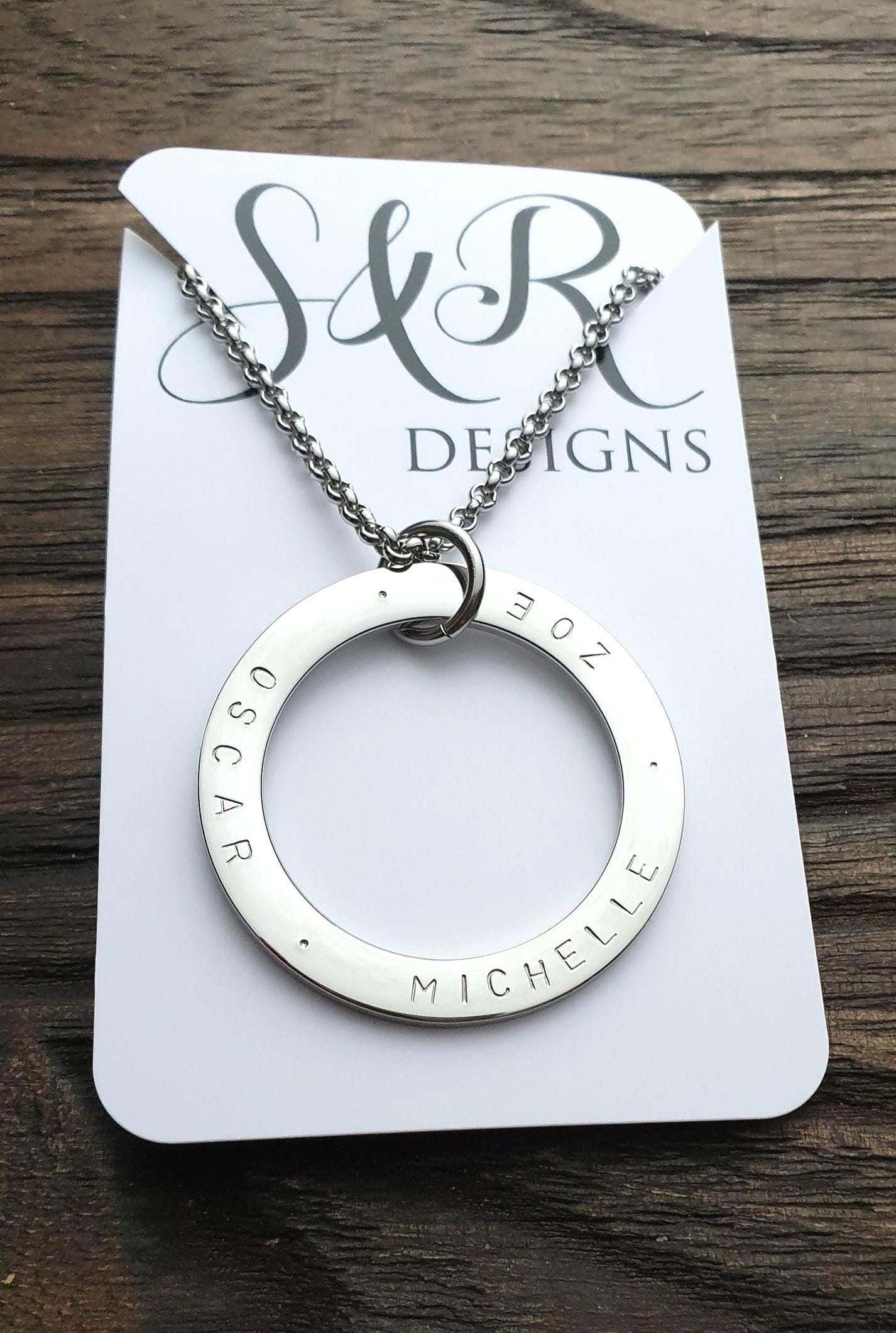 Personalised Circle Necklace, Hand Stamped Name Necklace, 38mm Pendant 2mm thick, Personalized Gift, Mothers Day, Birthday Gift, Custom Gift