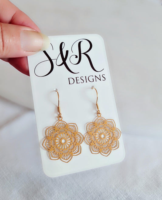 Minimalist Gold Flower Dangle Earrings, Filigree Gold Stainless Steel Dangle Leverback Earrings.