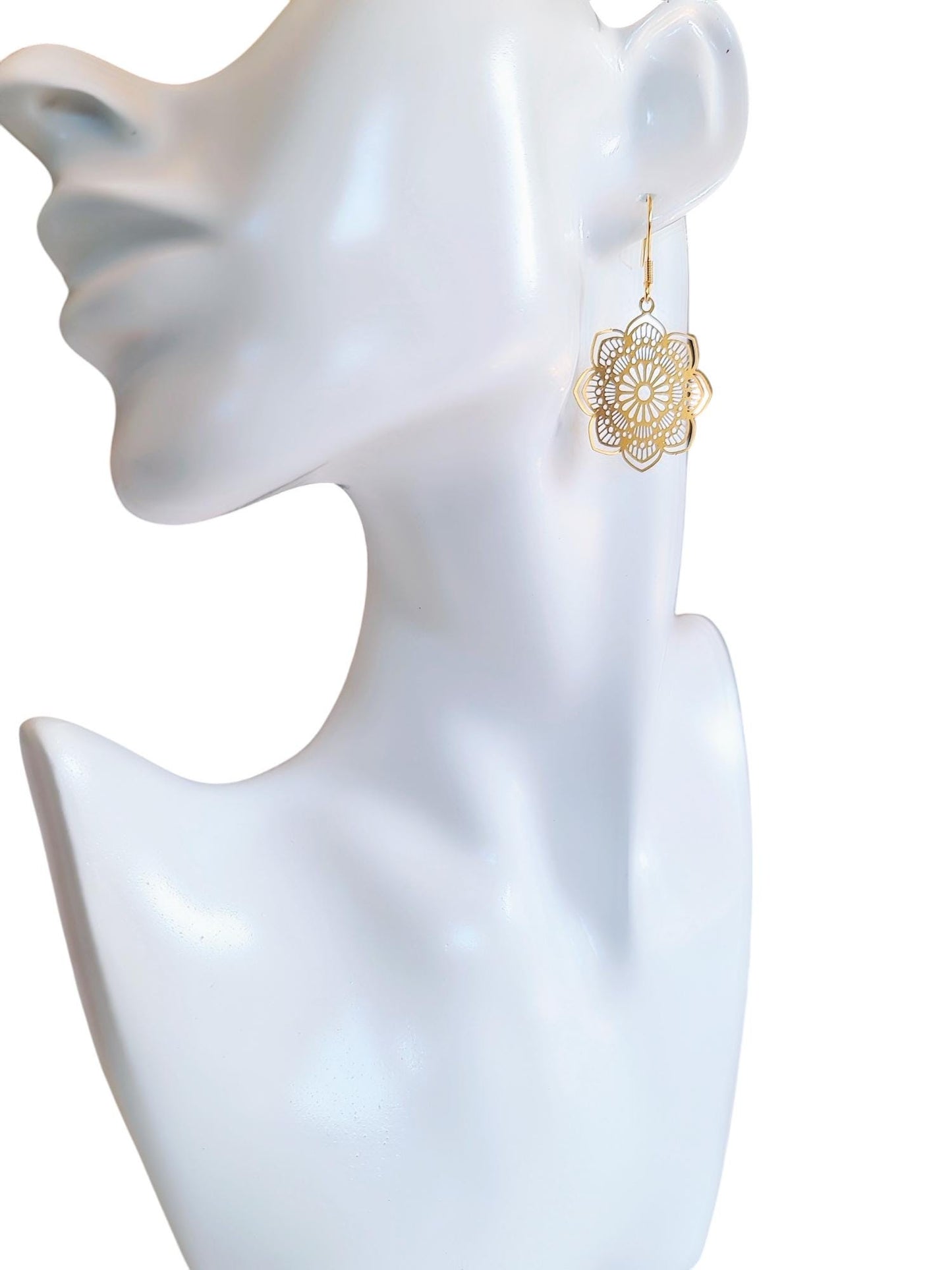 Minimalist Gold Flower Dangle Earrings, Filigree Gold Stainless Steel Dangle Leverback Earrings.