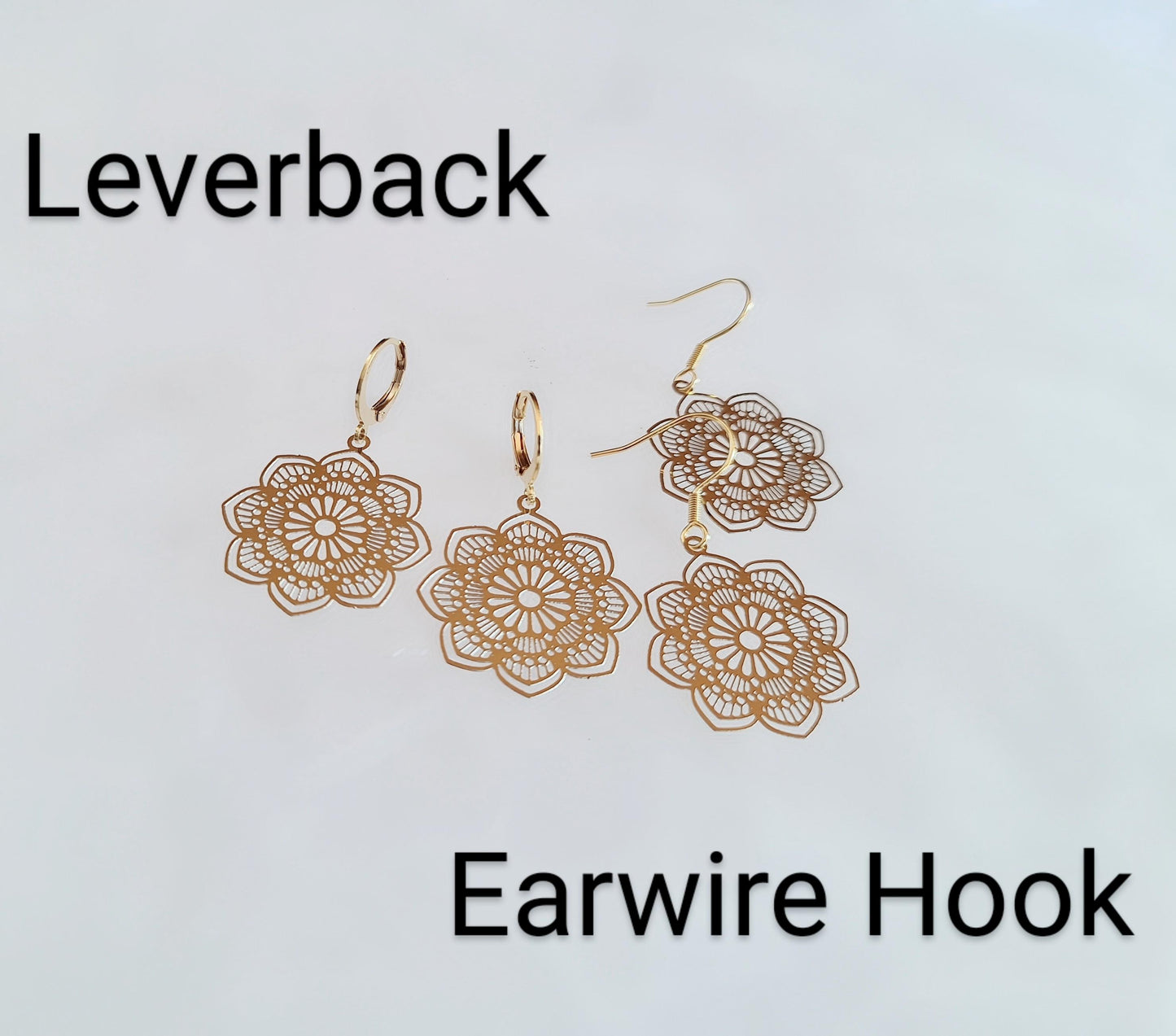 Minimalist Gold Flower Dangle Earrings, Filigree Gold Stainless Steel Dangle Leverback Earrings.