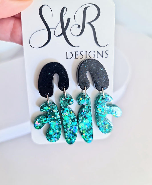 Bold Glitter Resin Dangle Earrings, Abstract Statement Earrings, Hypoallergenic Posts, Emerald Teal Sparkle, Lightweight Party Jewellery