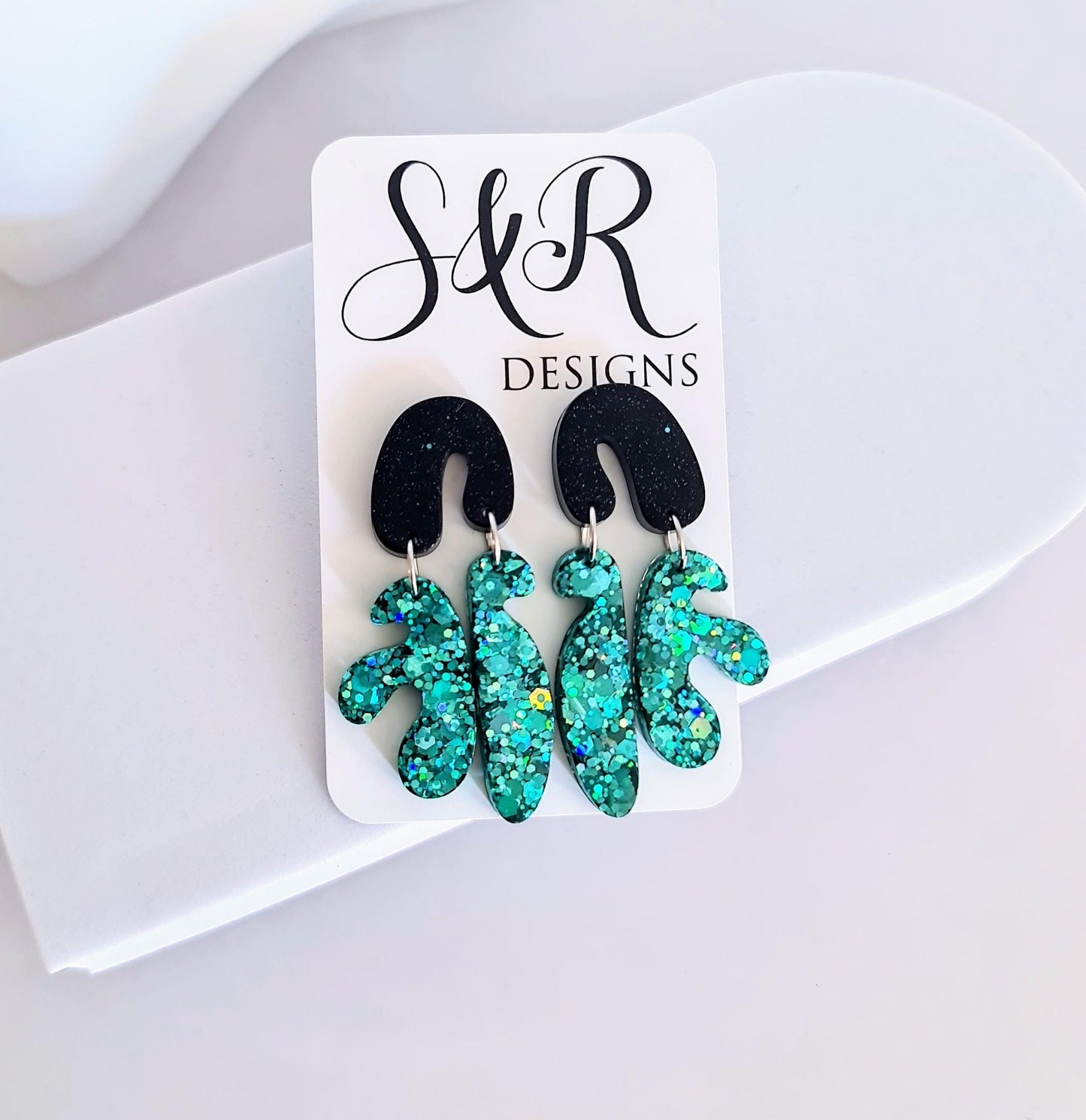 Bold Glitter Resin Dangle Earrings, Abstract Statement Earrings, Hypoallergenic Posts, Emerald Teal Sparkle, Lightweight Party Jewellery
