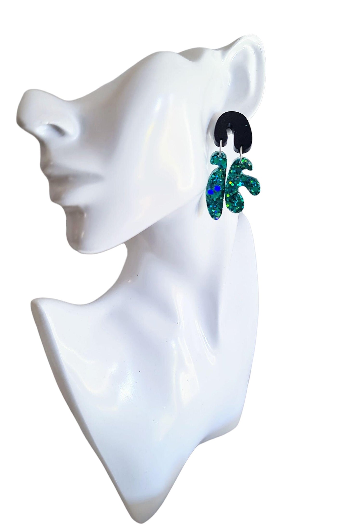 Bold Glitter Resin Dangle Earrings, Abstract Statement Earrings, Hypoallergenic Posts, Emerald Teal Sparkle, Lightweight Party Jewellery