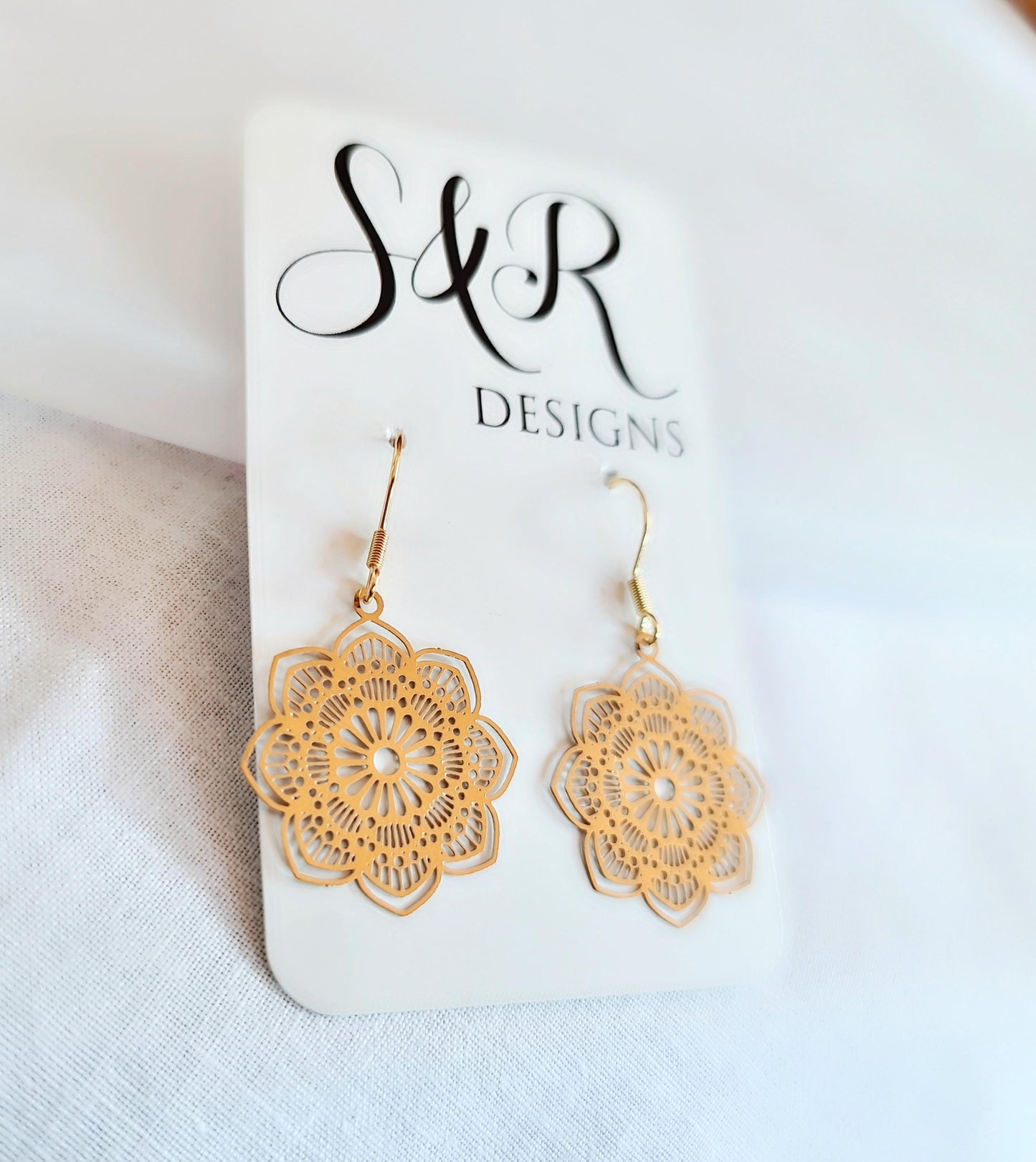 Minimalist Gold Flower Dangle Earrings, Filigree Gold Stainless Steel Dangle Leverback Earrings.