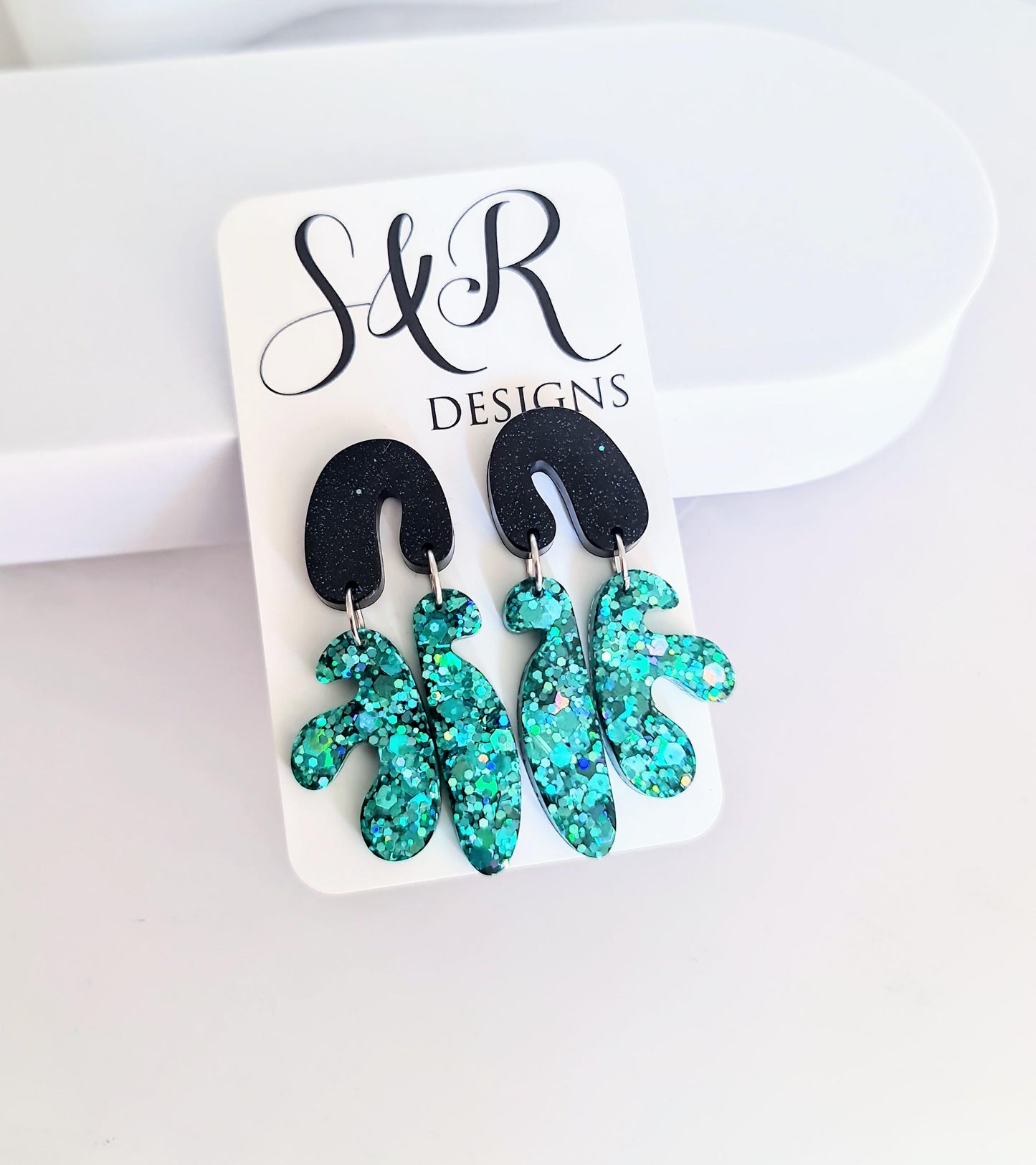 Bold Glitter Resin Dangle Earrings, Abstract Statement Earrings, Hypoallergenic Posts, Emerald Teal Sparkle, Lightweight Party Jewellery