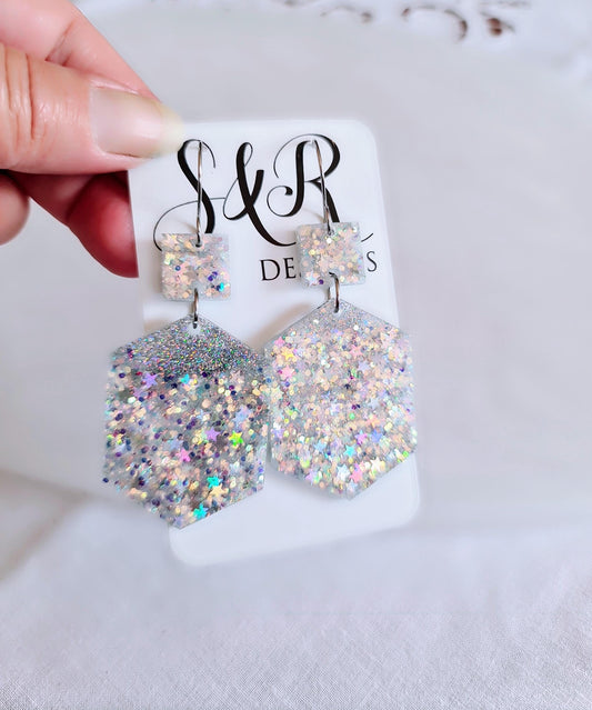 Stars Hexagon Square Dangle Drop Hook Earwire Earrings, Holographic Stars and Fine Glitter Resin Handmade Dangles, Statement Earrings