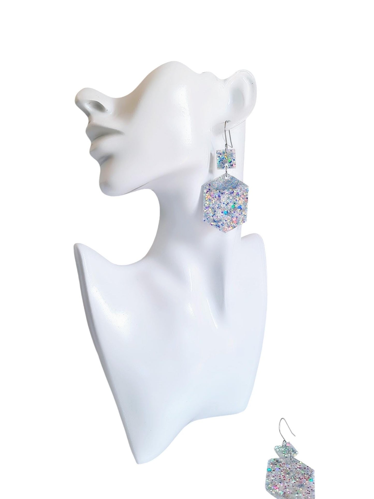 Stars Hexagon Square Dangle Drop Hook Earwire Earrings, Holographic Stars and Fine Glitter Resin Handmade Dangles, Statement Earrings