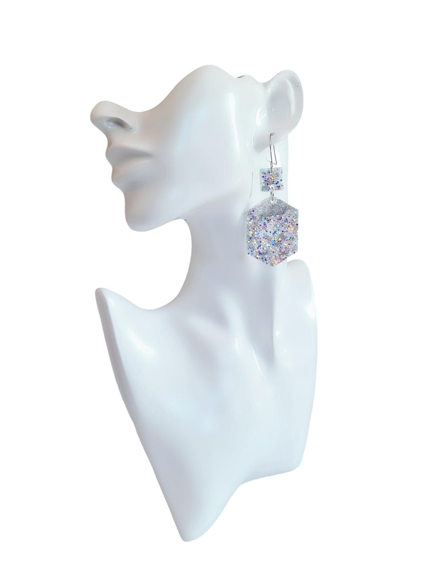 Stars Hexagon Square Dangle Drop Hook Earwire Earrings, Holographic Stars and Fine Glitter Resin Handmade Dangles, Statement Earrings