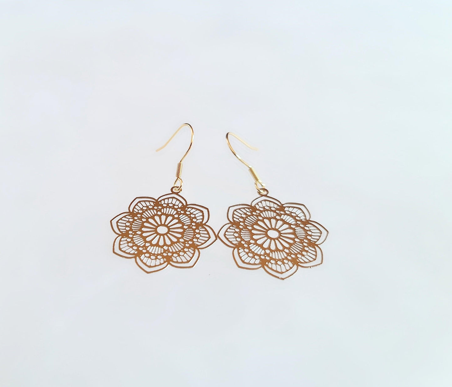 Minimalist Gold Flower Dangle Earrings, Filigree Gold Stainless Steel Dangle Leverback Earrings.