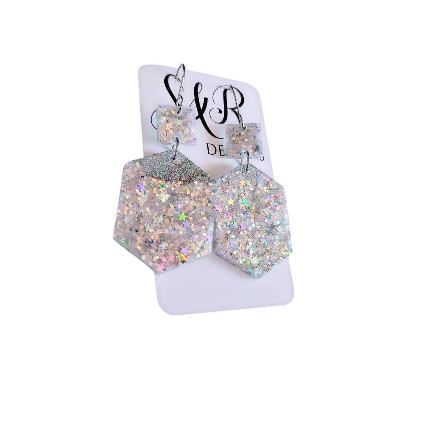 Stars Hexagon Square Dangle Drop Hook Earwire Earrings, Holographic Stars and Fine Glitter Resin Handmade Dangles, Statement Earrings