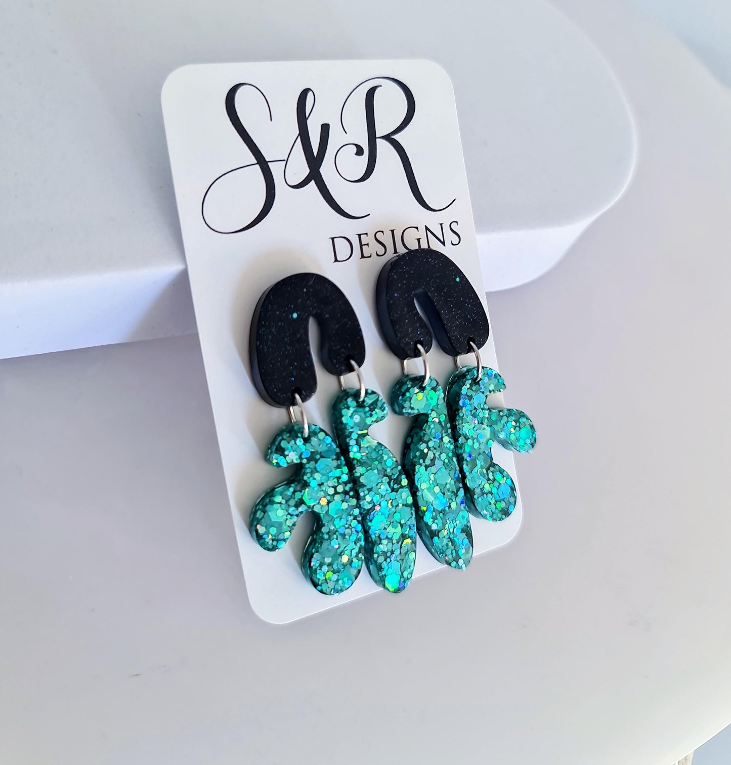 Bold Glitter Resin Dangle Earrings, Abstract Statement Earrings, Hypoallergenic Posts, Emerald Teal Sparkle, Lightweight Party Jewellery