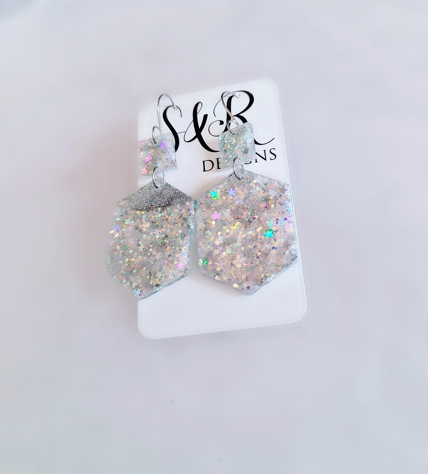 Stars Hexagon Square Dangle Drop Hook Earwire Earrings, Holographic Stars and Fine Glitter Resin Handmade Dangles, Statement Earrings