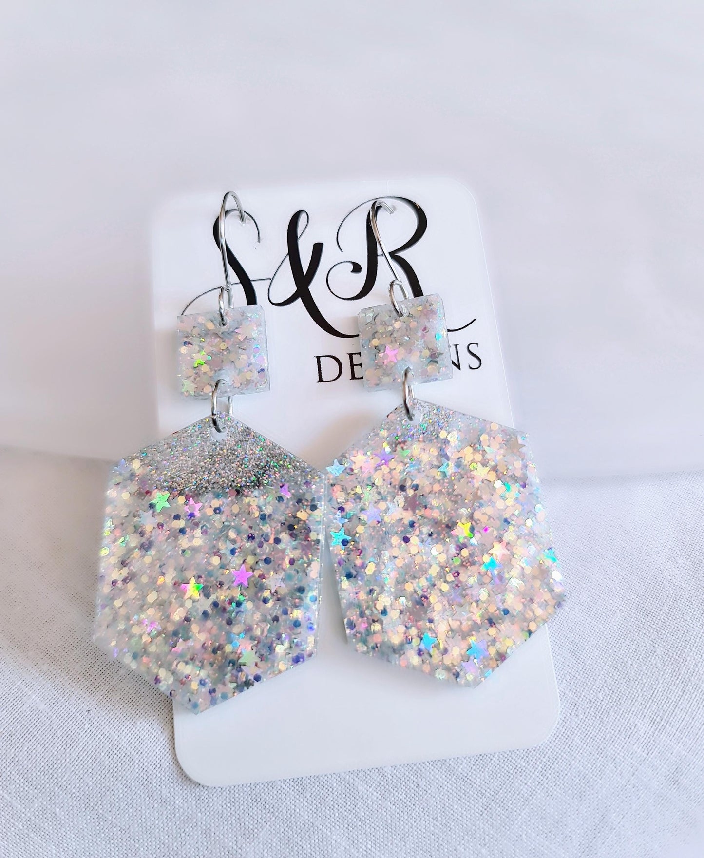 Stars Hexagon Square Dangle Drop Hook Earwire Earrings, Holographic Stars and Fine Glitter Resin Handmade Dangles, Statement Earrings