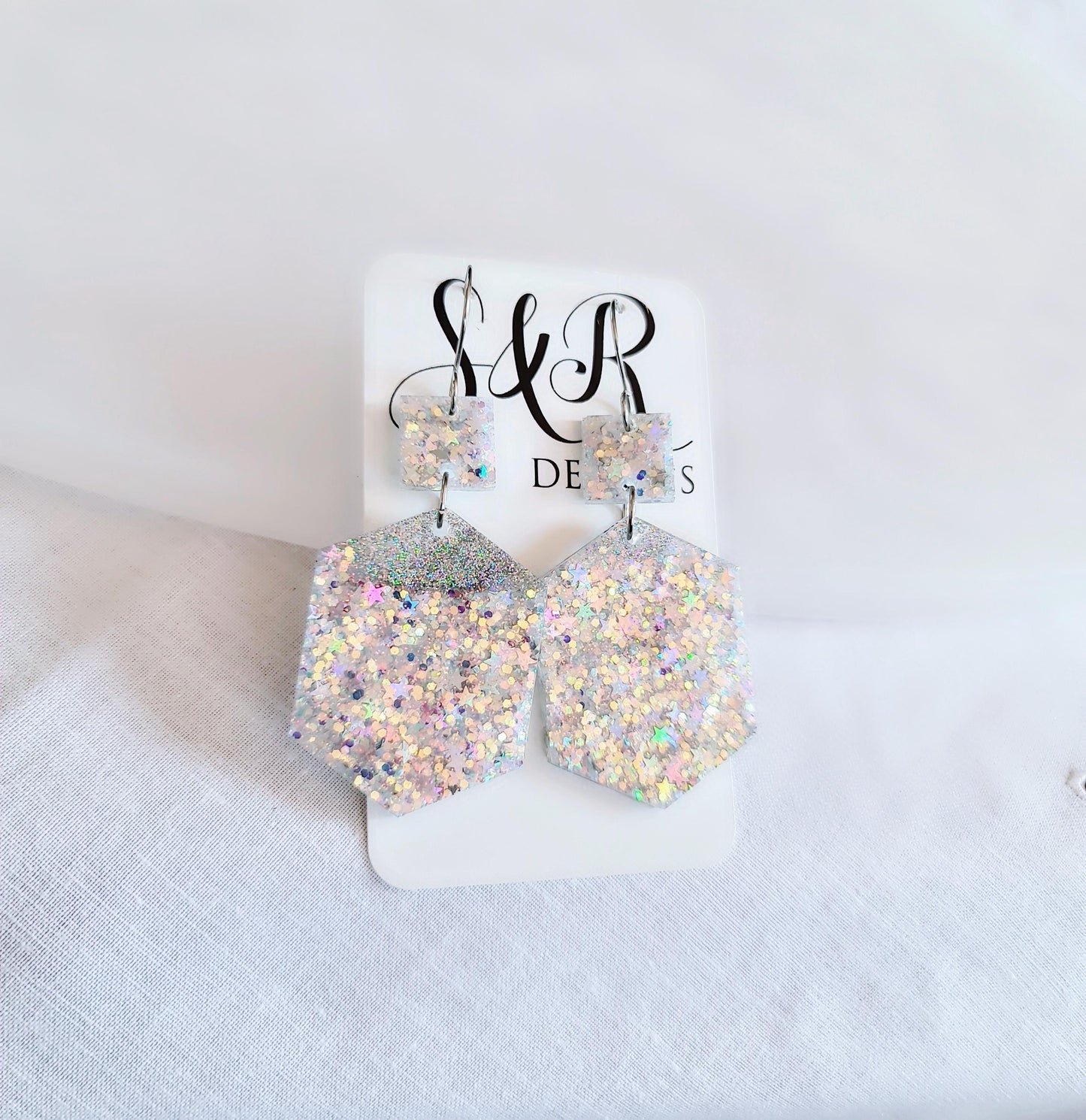 Stars Hexagon Square Dangle Drop Hook Earwire Earrings, Holographic Stars and Fine Glitter Resin Handmade Dangles, Statement Earrings