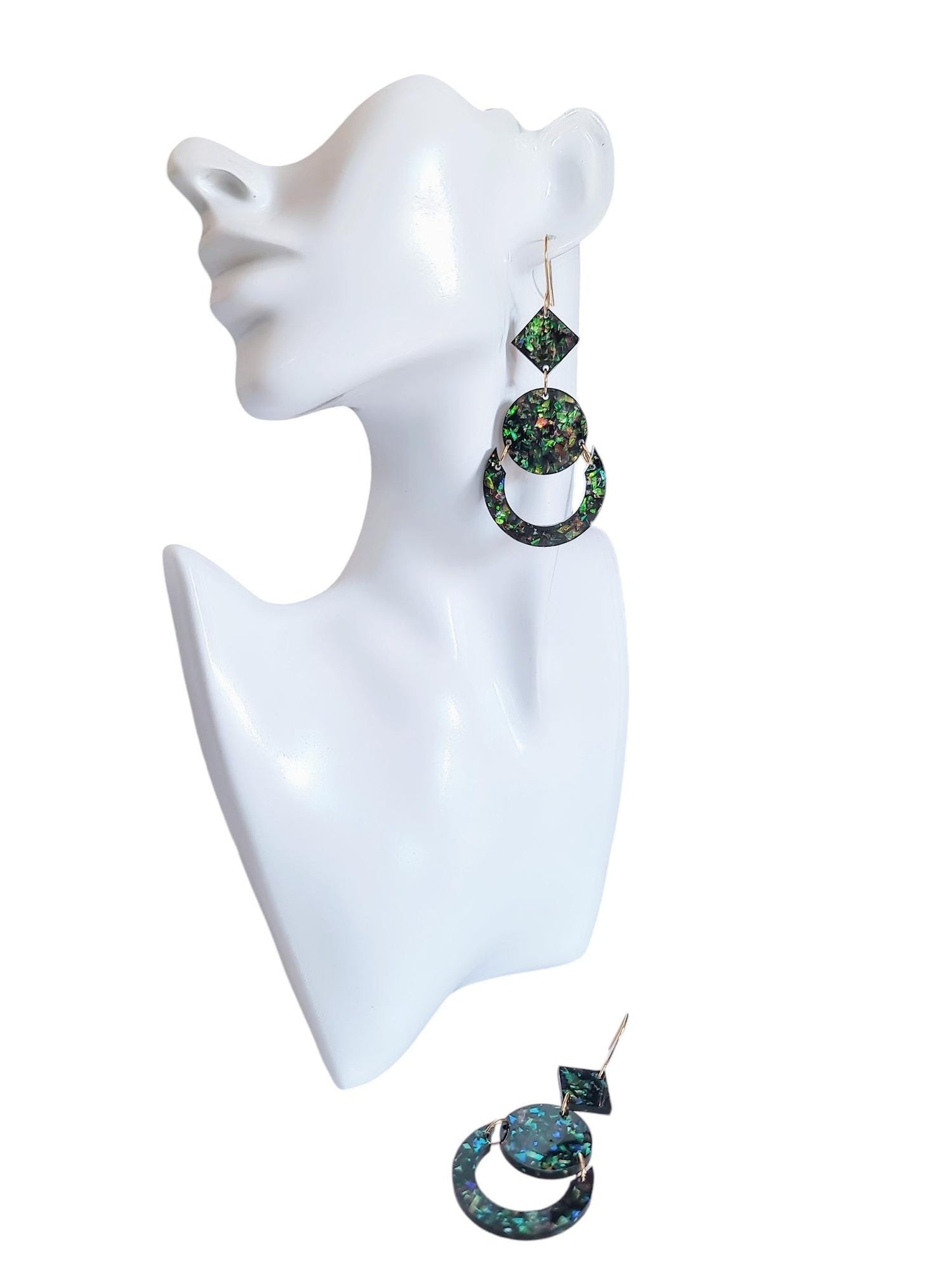 Green Opal Look Circle Dangle Drop Earrings, Glitter Circle Geometric Dangles, Statement Earrings