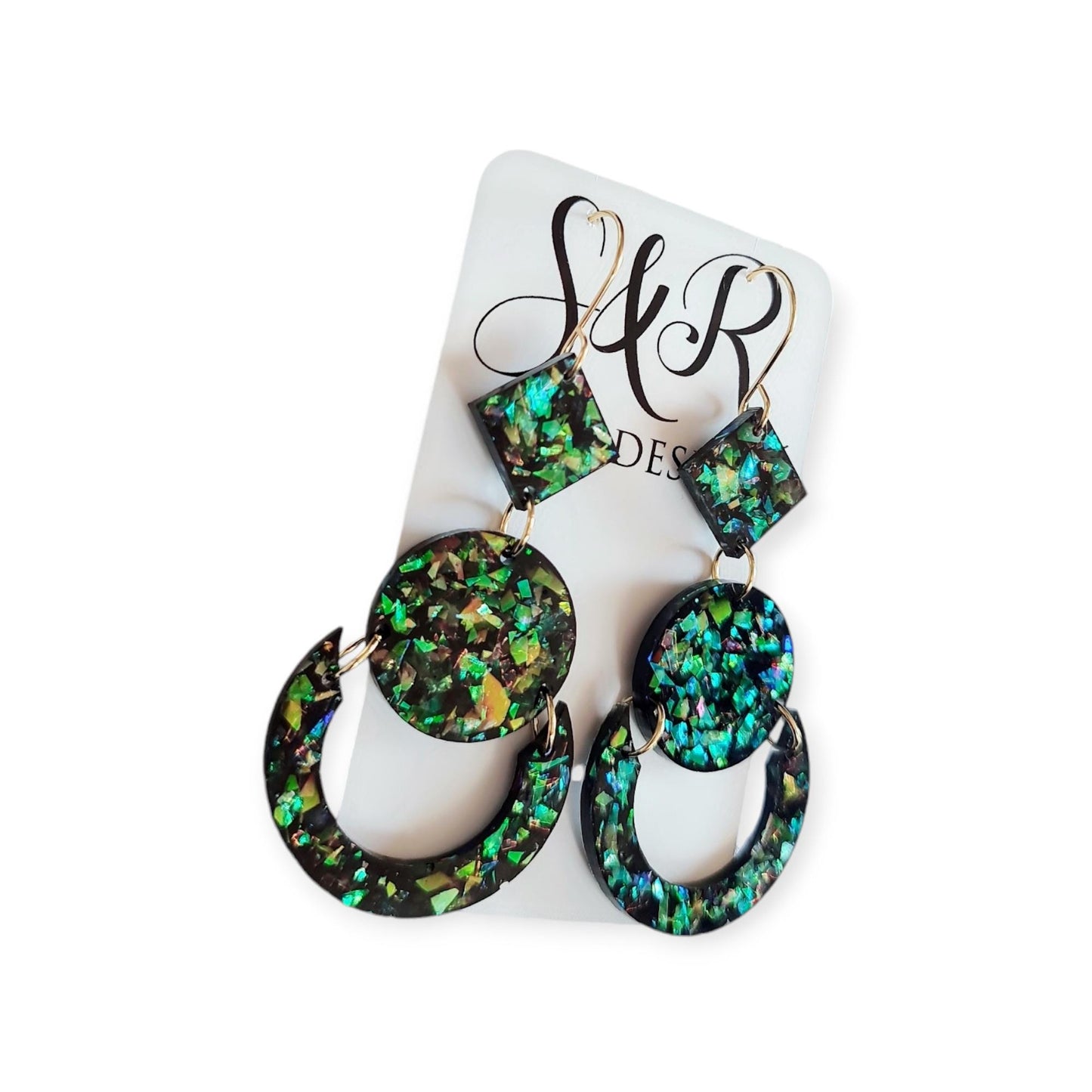 Green Opal Look Circle Dangle Drop Earrings, Glitter Circle Geometric Dangles, Statement Earrings