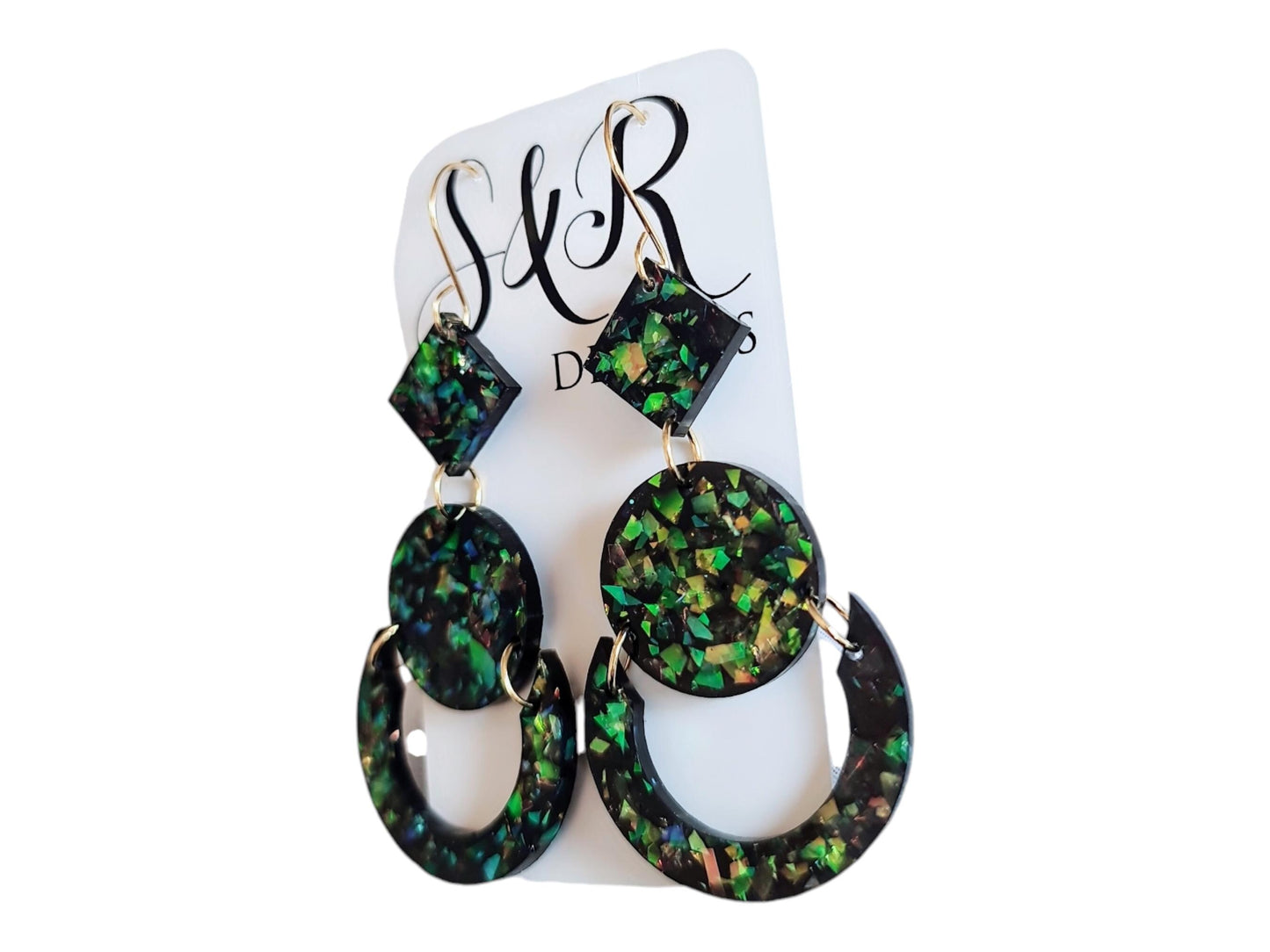 Green Opal Look Circle Dangle Drop Earrings, Glitter Circle Geometric Dangles, Statement Earrings