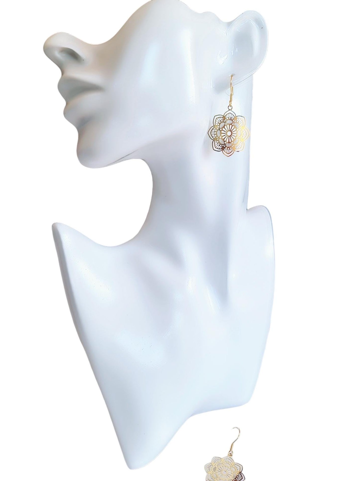 Minimalist Gold Flower Dangle Earrings, Filigree Gold Stainless Steel Dangle Leverback Earrings.