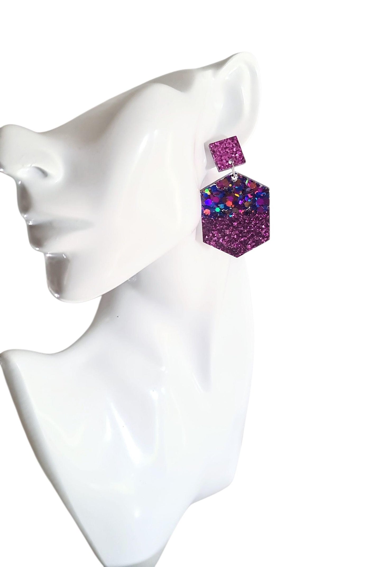 Purple Hexagon Square Dangle Drop Earrings, Blue Pink Aqua Purple Glitter Mix, Resin Handmade Stud Earrings, Statement Earrings