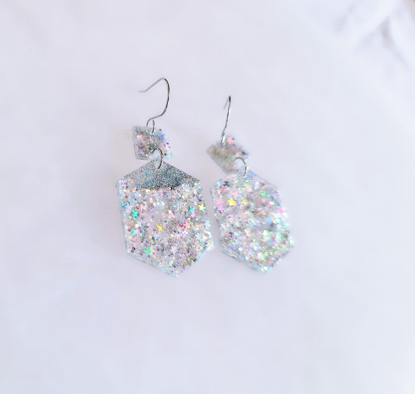 Stars Hexagon Square Dangle Drop Hook Earwire Earrings, Holographic Stars and Fine Glitter Resin Handmade Dangles, Statement Earrings