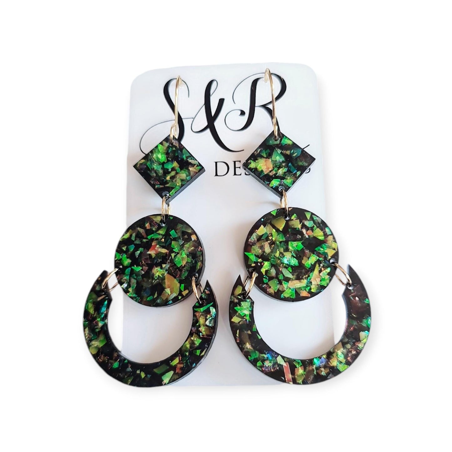 Green Opal Look Circle Dangle Drop Earrings, Glitter Circle Geometric Dangles, Statement Earrings
