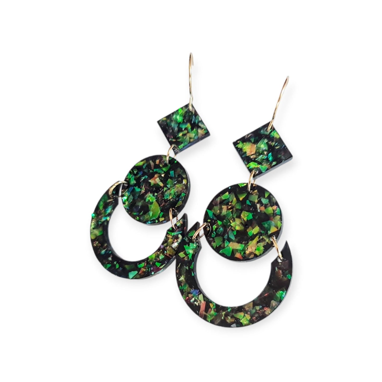 Green Opal Look Circle Dangle Drop Earrings, Glitter Circle Geometric Dangles, Statement Earrings