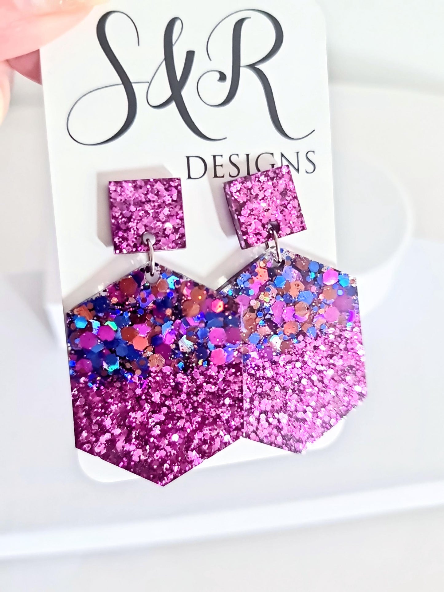 Purple Hexagon Square Dangle Drop Earrings, Blue Pink Aqua Purple Glitter Mix, Resin Handmade Stud Earrings, Statement Earrings