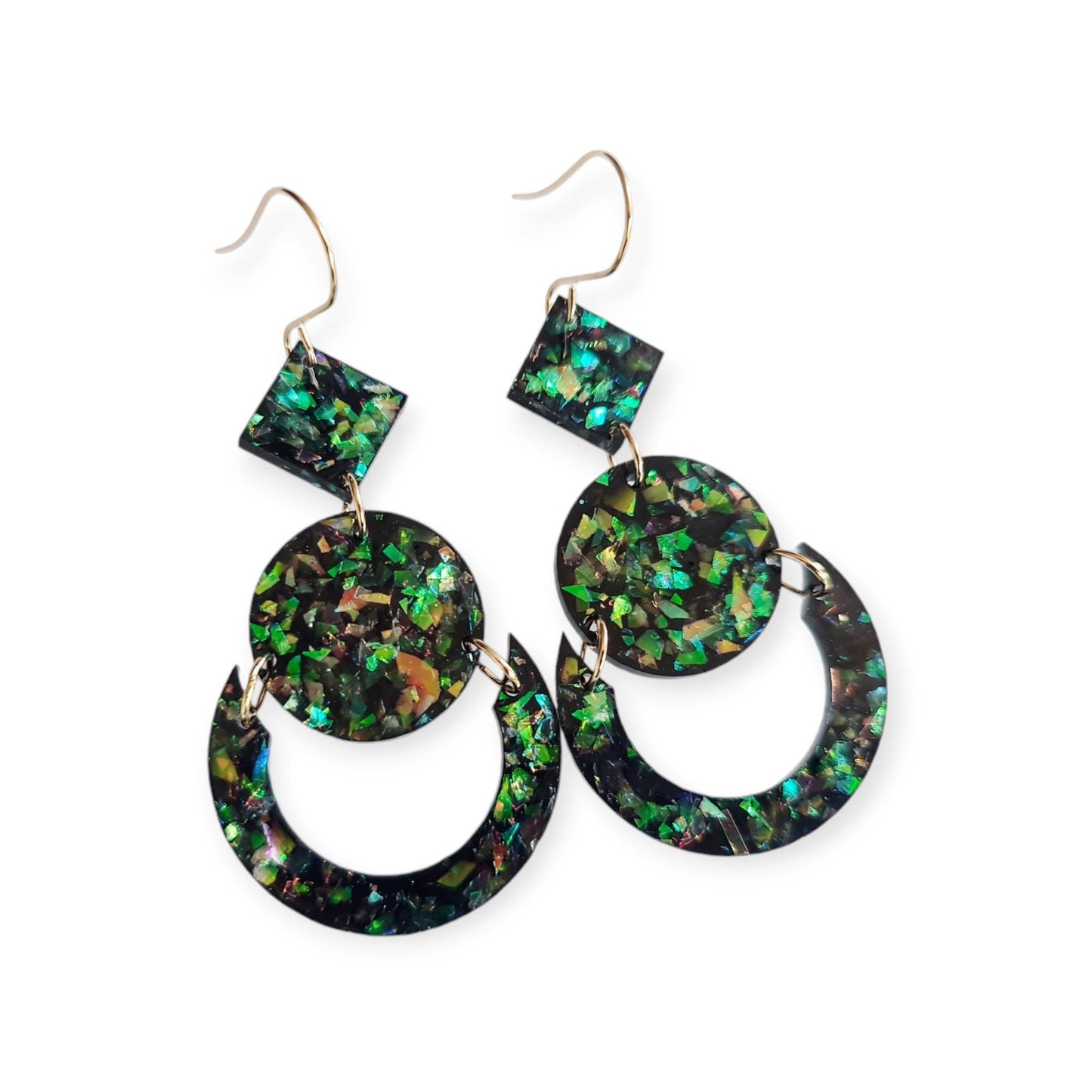 Green Opal Look Circle Dangle Drop Earrings, Glitter Circle Geometric Dangles, Statement Earrings