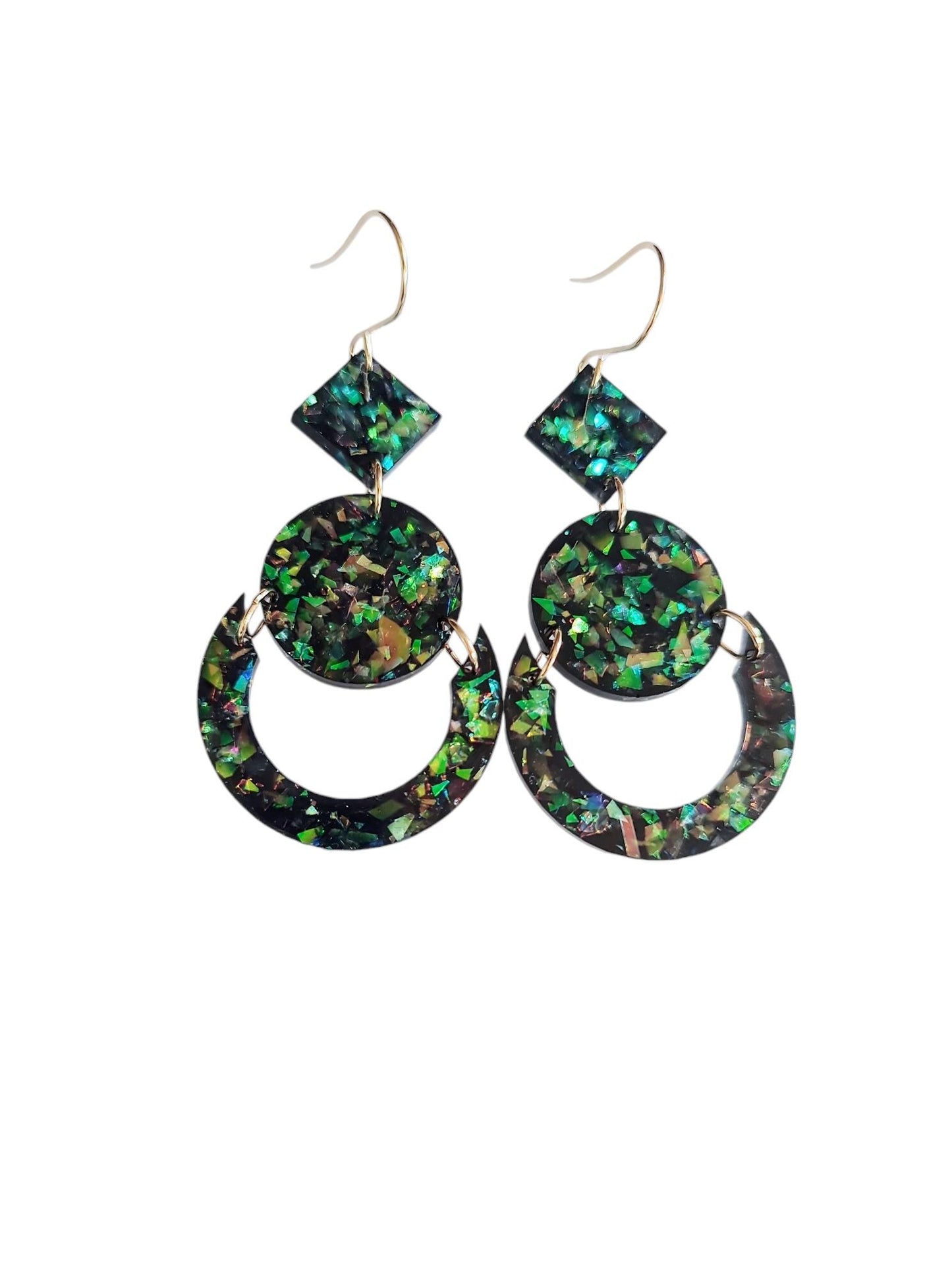 Green Opal Look Circle Dangle Drop Earrings, Glitter Circle Geometric Dangles, Statement Earrings
