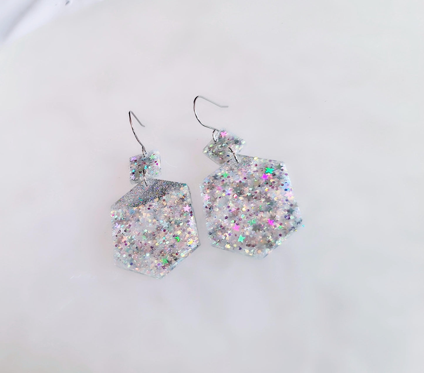 Stars Hexagon Square Dangle Drop Hook Earwire Earrings, Holographic Stars and Fine Glitter Resin Handmade Dangles, Statement Earrings