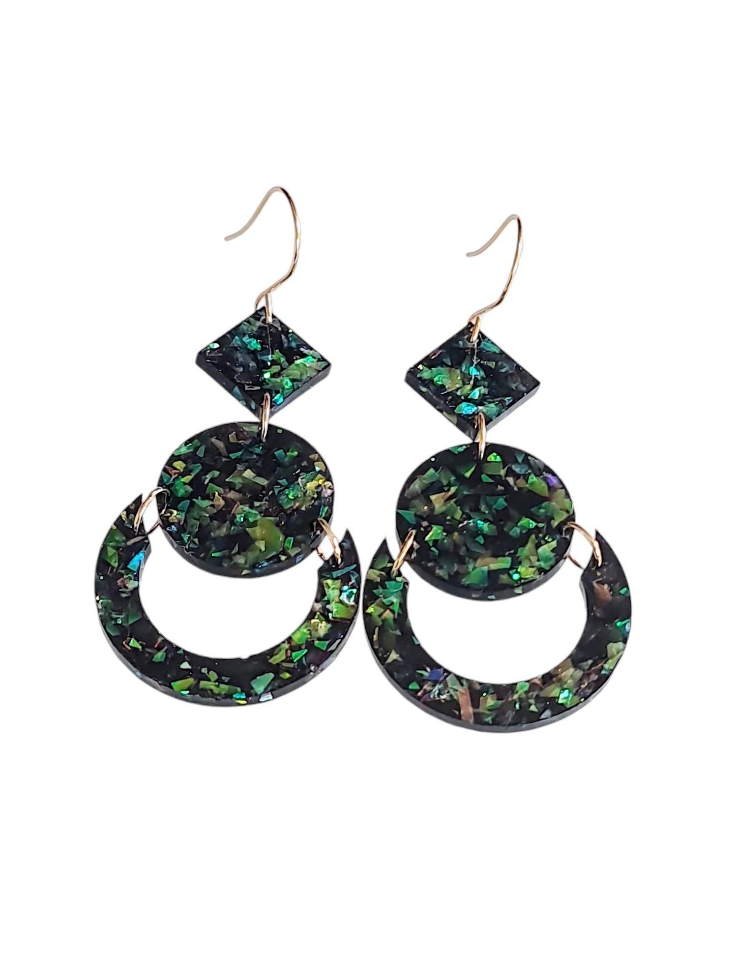 Green Opal Look Circle Dangle Drop Earrings, Glitter Circle Geometric Dangles, Statement Earrings
