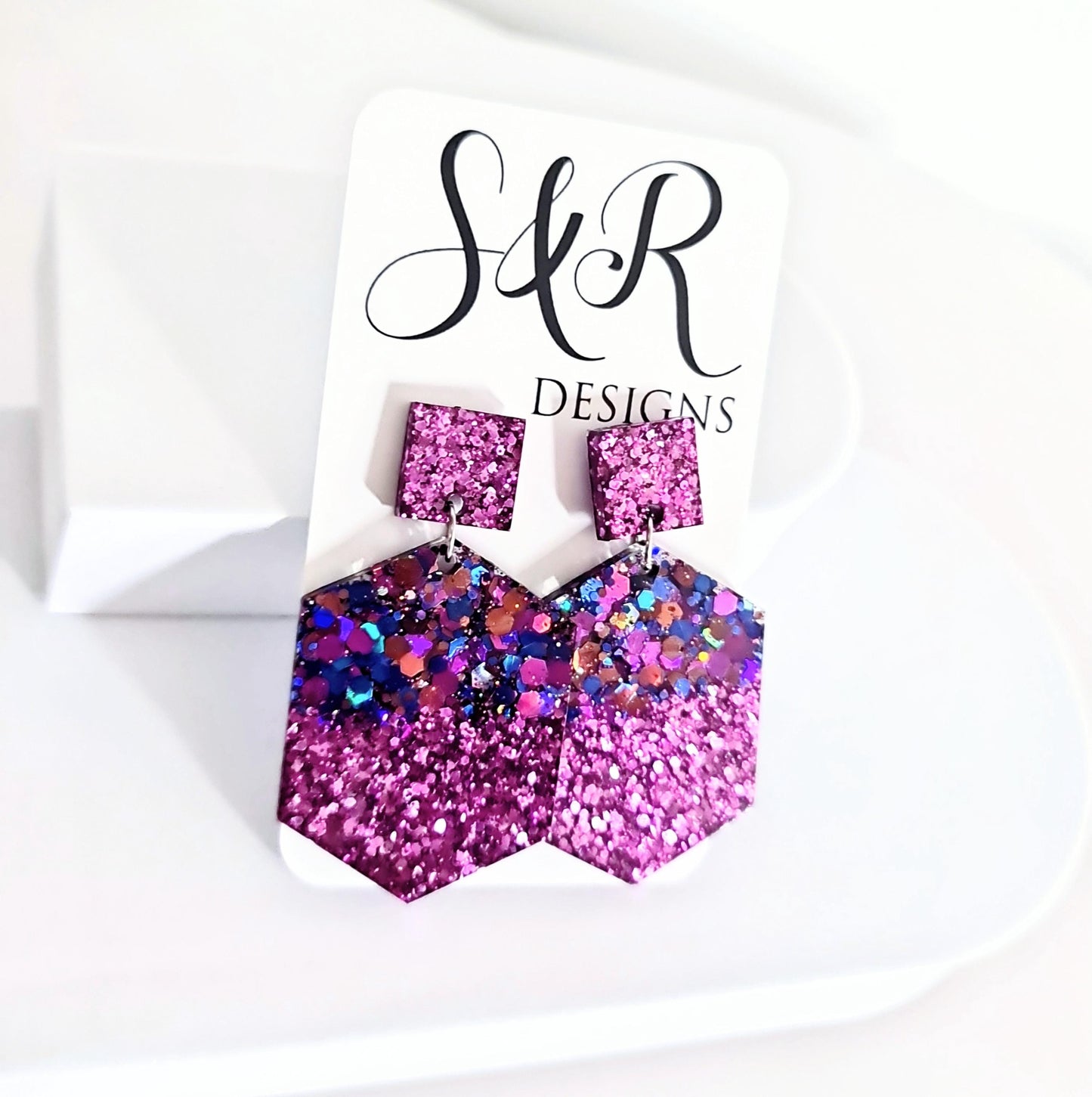 Purple Hexagon Square Dangle Drop Earrings, Blue Pink Aqua Purple Glitter Mix, Resin Handmade Stud Earrings, Statement Earrings