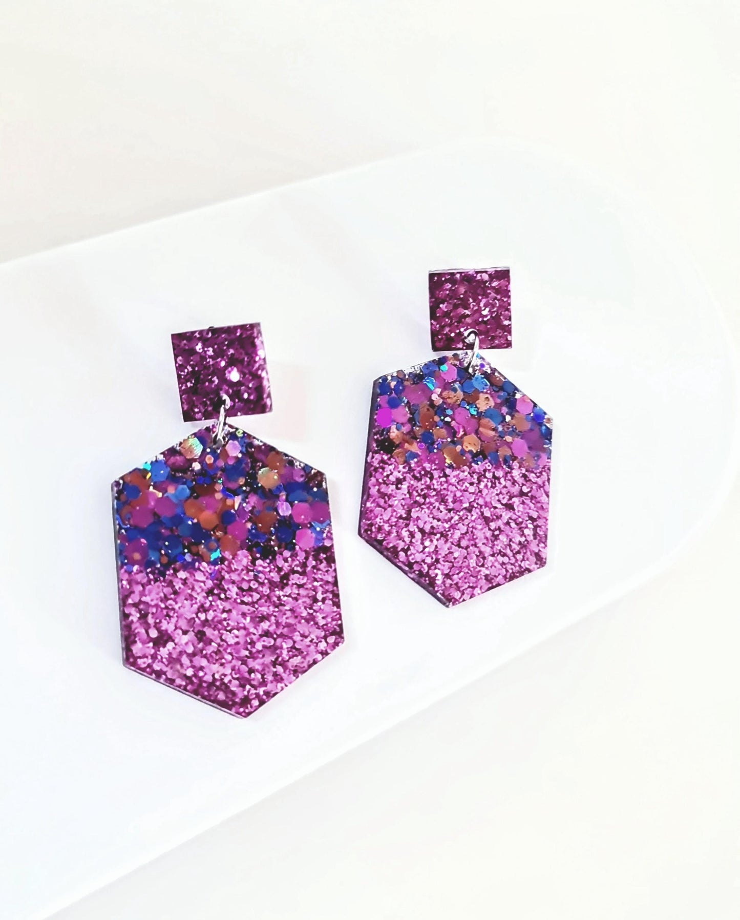 Purple Hexagon Square Dangle Drop Earrings, Blue Pink Aqua Purple Glitter Mix, Resin Handmade Stud Earrings, Statement Earrings