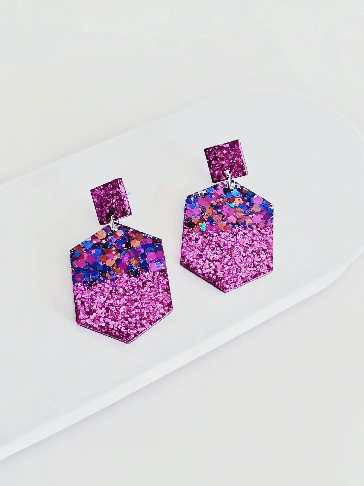 Purple Hexagon Square Dangle Drop Earrings, Blue Pink Aqua Purple Glitter Mix, Resin Handmade Stud Earrings, Statement Earrings