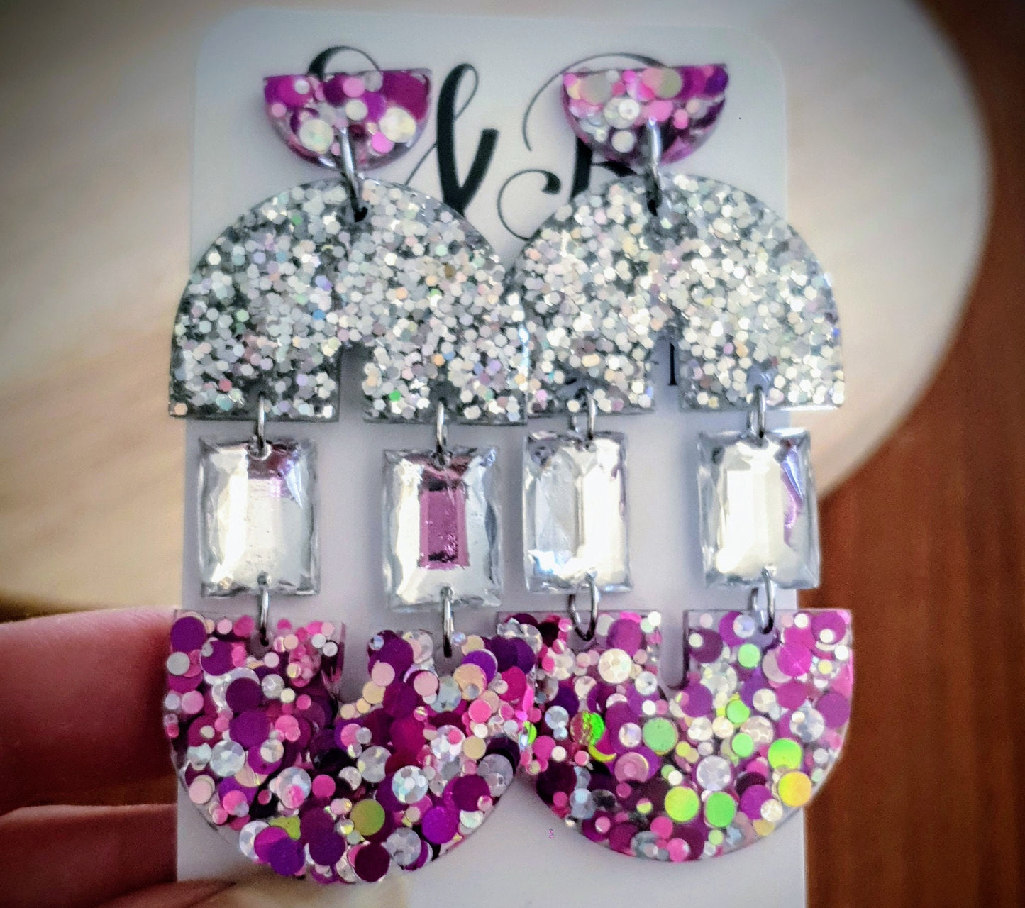 Pink Purple and Silver Double Arch Dangle Drop Earrings, Only one made unique Glitter Crystal Resin Dangles, Statement Earrings