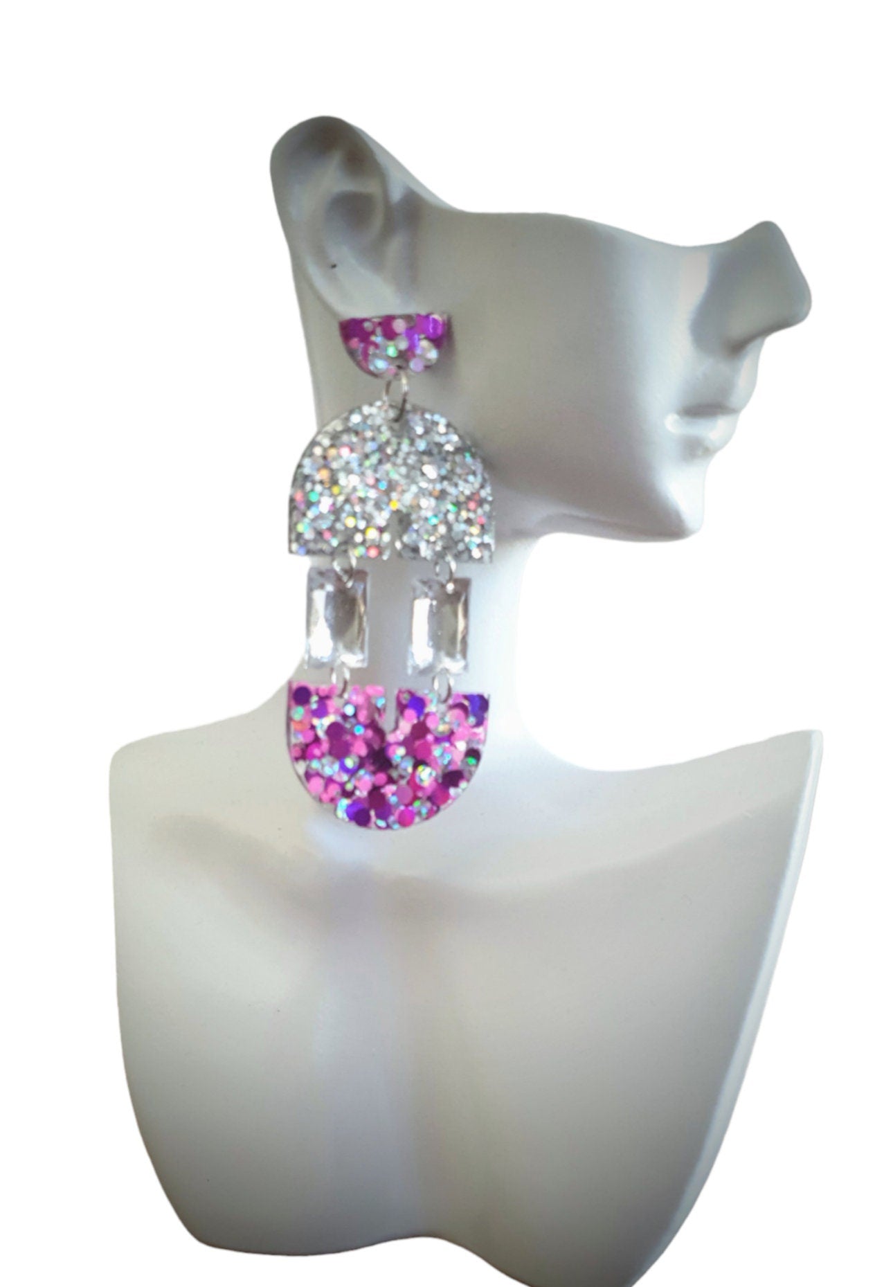 Pink Purple and Silver Double Arch Dangle Drop Earrings, Only one made unique Glitter Crystal Resin Dangles, Statement Earrings