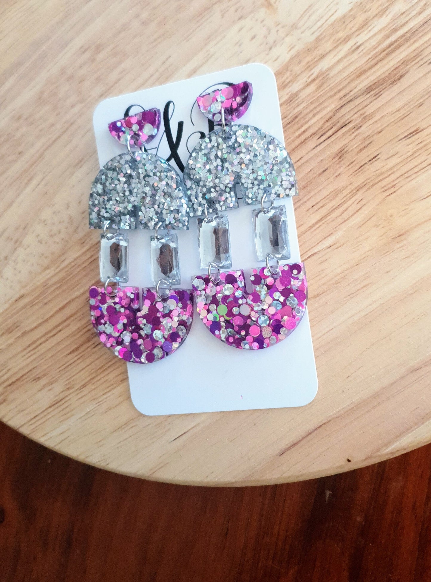 Pink Purple and Silver Double Arch Dangle Drop Earrings, Only one made unique Glitter Crystal Resin Dangles, Statement Earrings