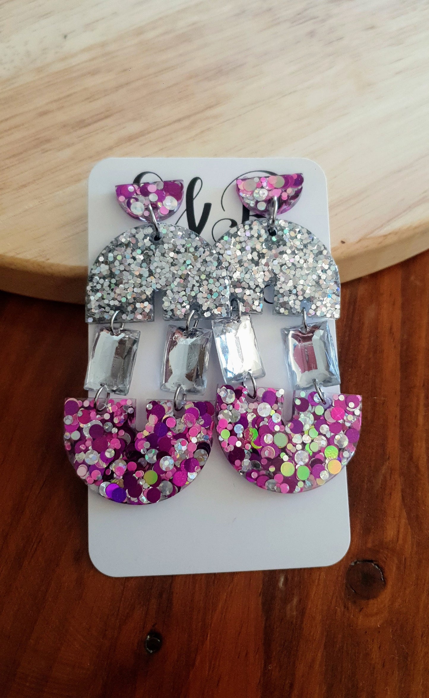 Pink Purple and Silver Double Arch Dangle Drop Earrings, Only one made unique Glitter Crystal Resin Dangles, Statement Earrings