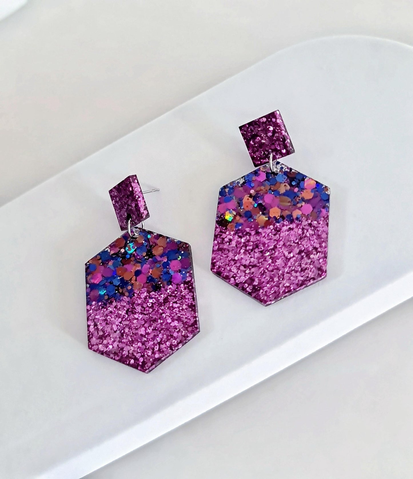 Purple Hexagon Square Dangle Drop Earrings, Blue Pink Aqua Purple Glitter Mix, Resin Handmade Stud Earrings, Statement Earrings