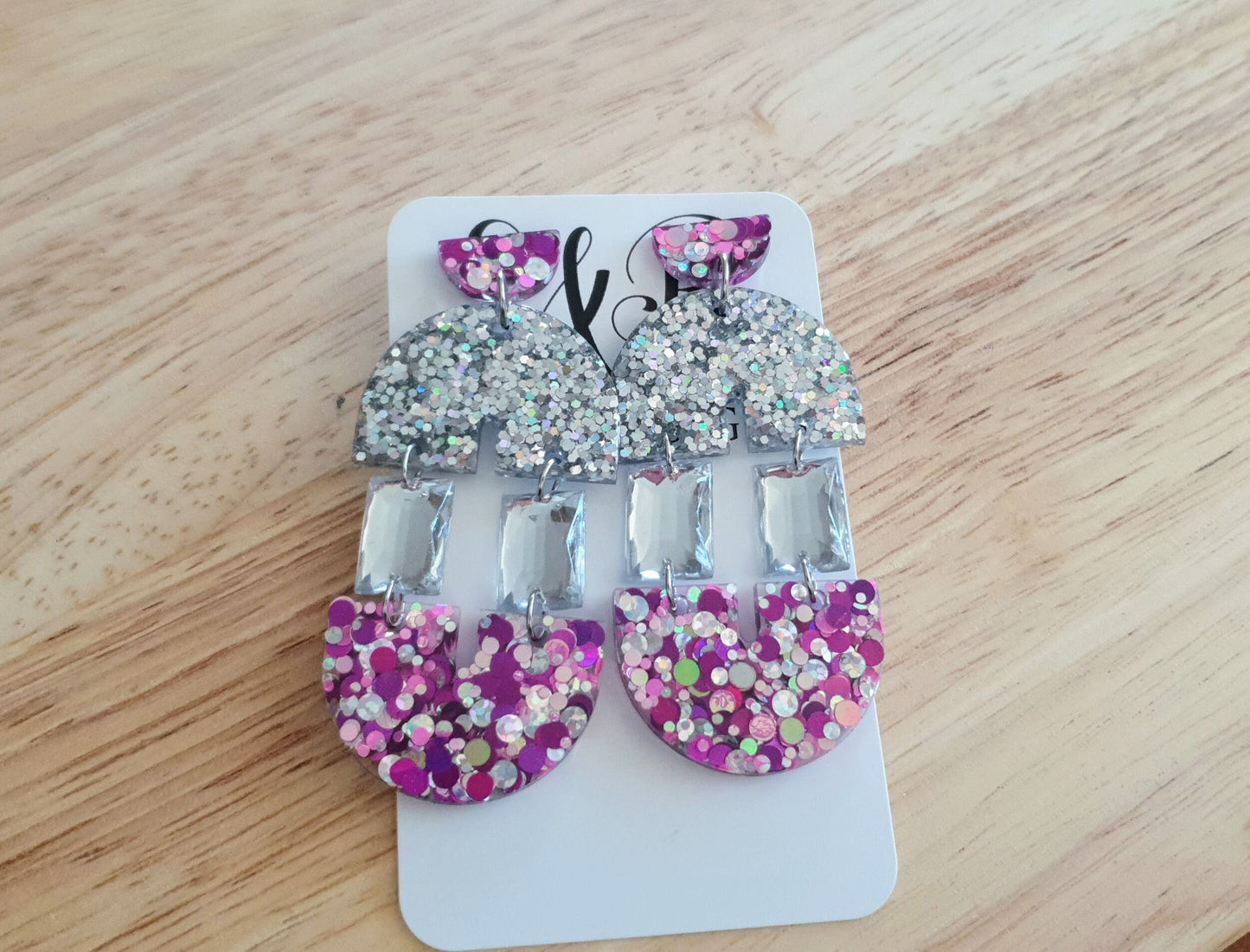 Pink Purple and Silver Double Arch Dangle Drop Earrings, Only one made unique Glitter Crystal Resin Dangles, Statement Earrings
