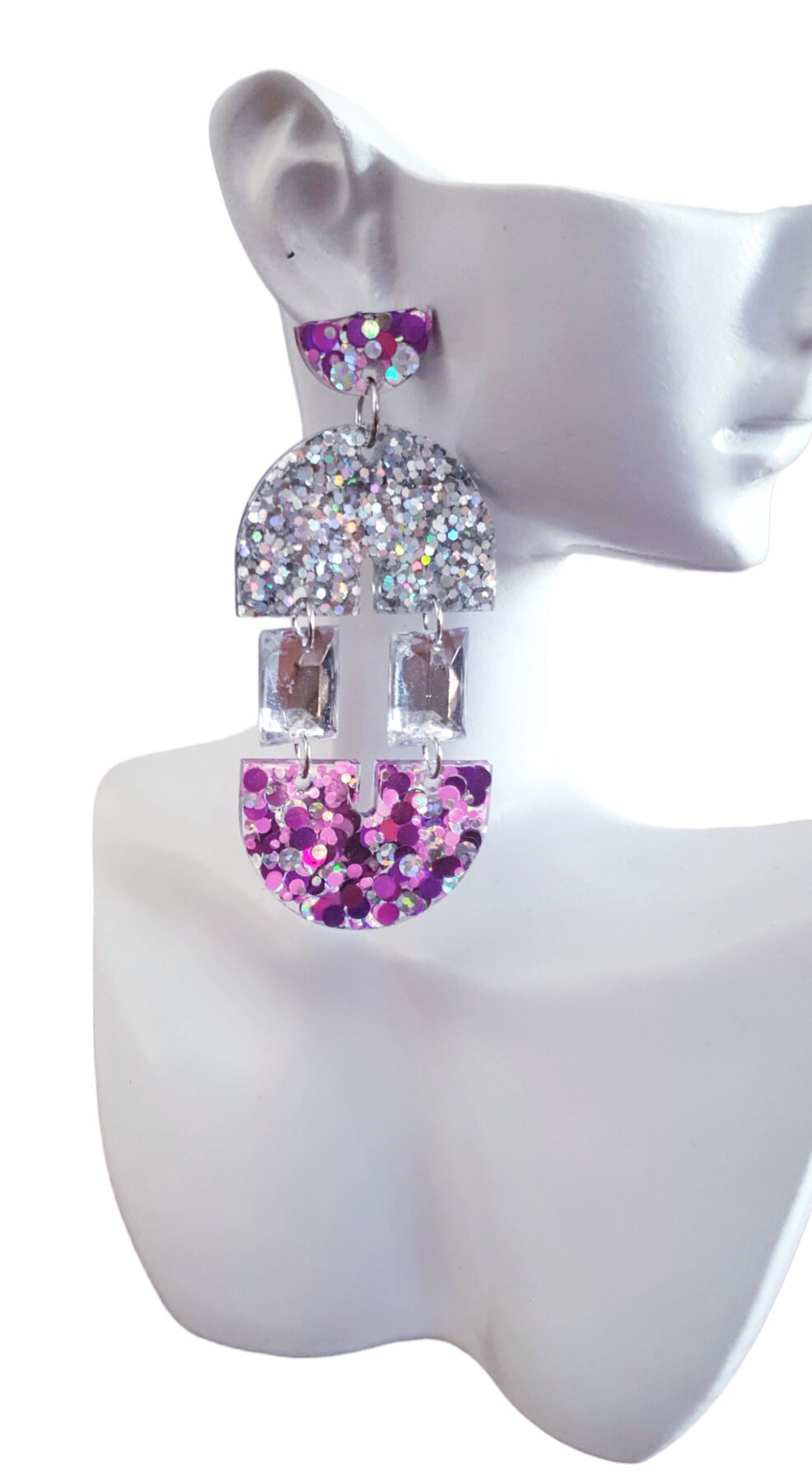 Pink Purple and Silver Double Arch Dangle Drop Earrings, Only one made unique Glitter Crystal Resin Dangles, Statement Earrings